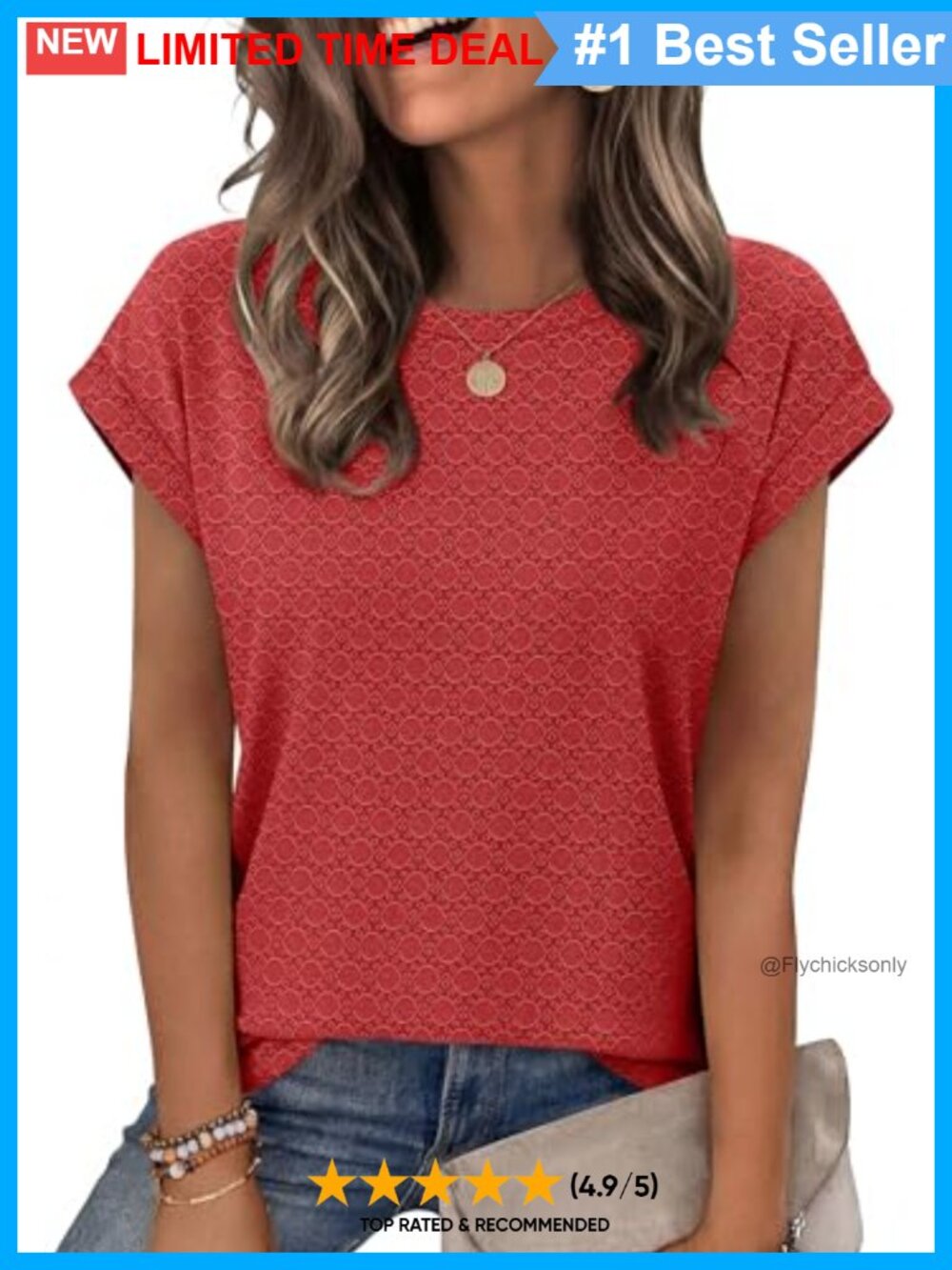 Womens Eyelet T-Shirt Cap Sleeve Crew Neck Casual Tunic Blouse